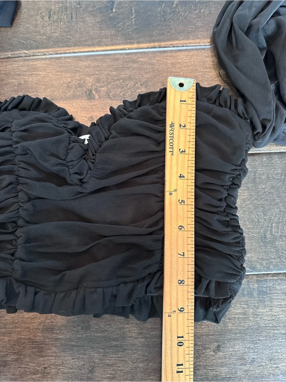 MABLE Black Ruched Mesh Off The Shoulder Crop Top Romantic Coquette Size